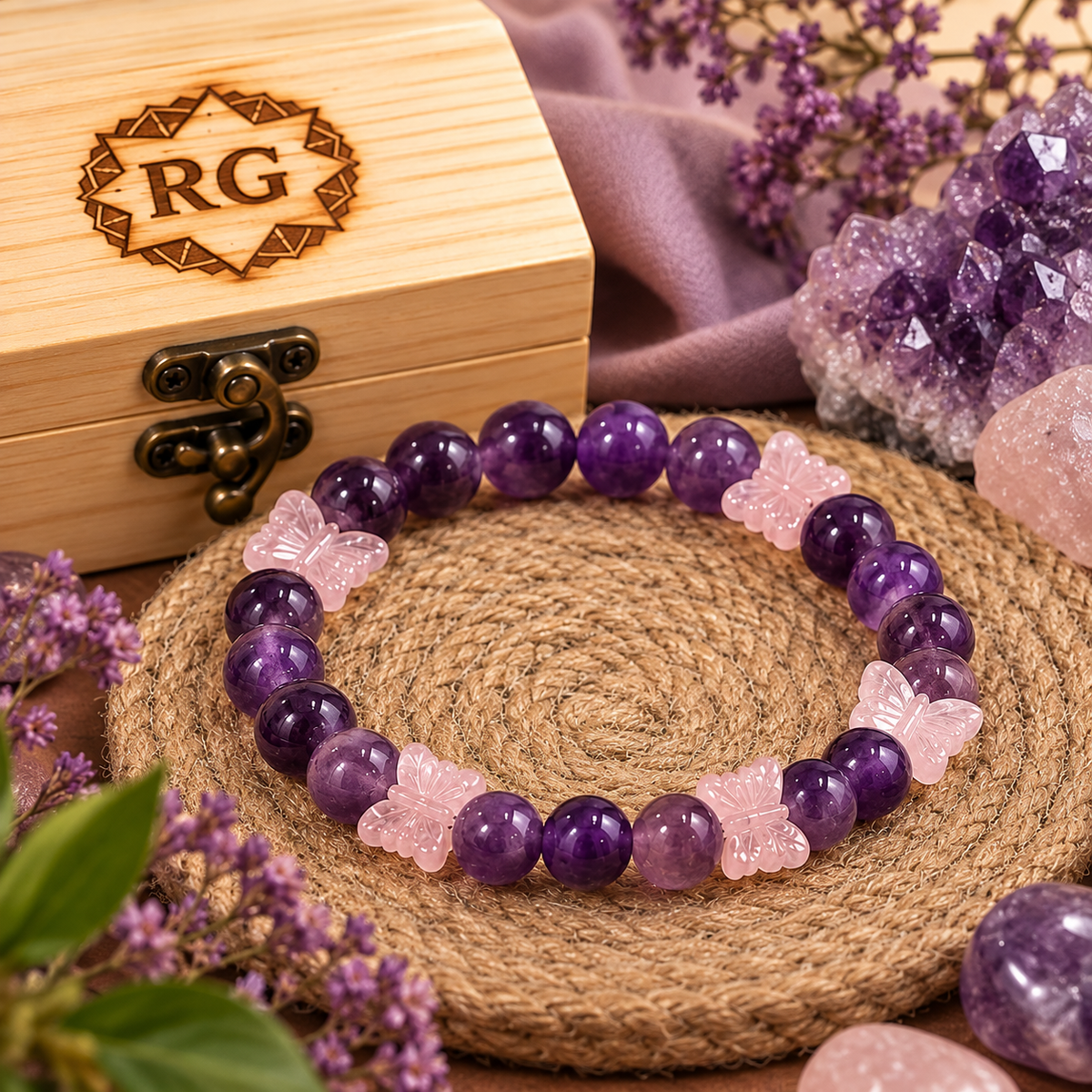 Rose Quartz Butterfly + Amethyst Bracelet